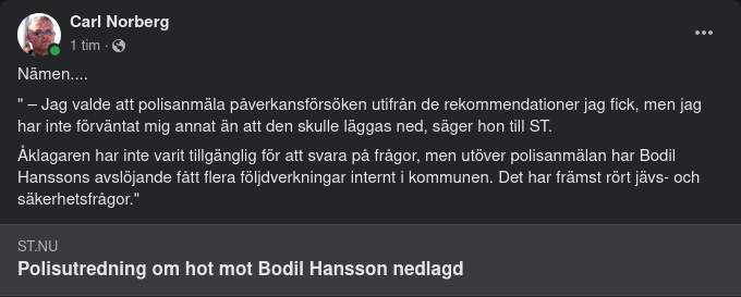 Polisutredning Om Hot Mot Bodil Nedlagd