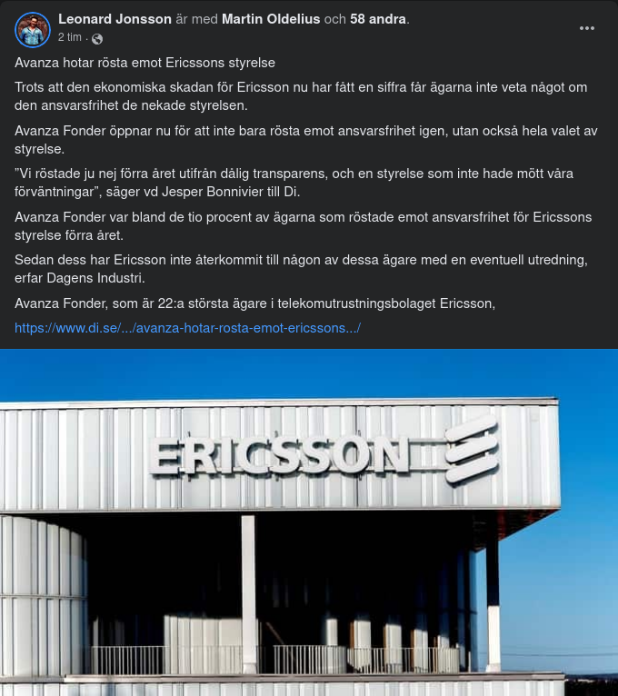 Avanza & Ansvarsfrihet För Ericssons Styrelse
