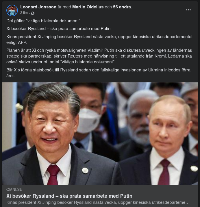 Xi Hälsar På Hos Putin Nästa Vecka