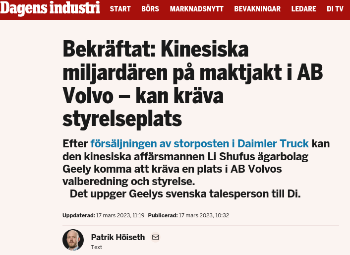 Kinesisk Miljardär Kan Kräva Styrelseplats I Volvo