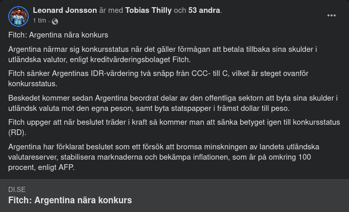 Argentina Nära Konkurs Enligt Kreditvärderingsbolaget Fitch