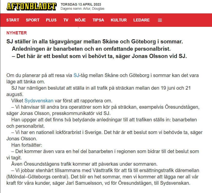 Inget Skåne - Göteborg Med SJ I Sommar