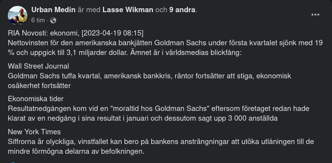 Sjunkande Nettovinst För Goldman Sachs