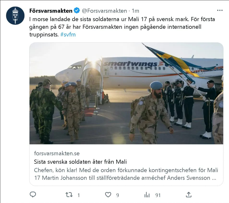 Ingen Pågående Internationell Svensk Truppinsats För Första Gången På 67 År