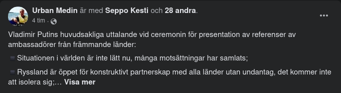Putins Huvudsakliga Uttalanden Vid Ambassadörsreferenspresentationsceremoni