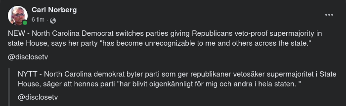 Partibytande Demokrat Ändrar Maktbalansen I North Carolina