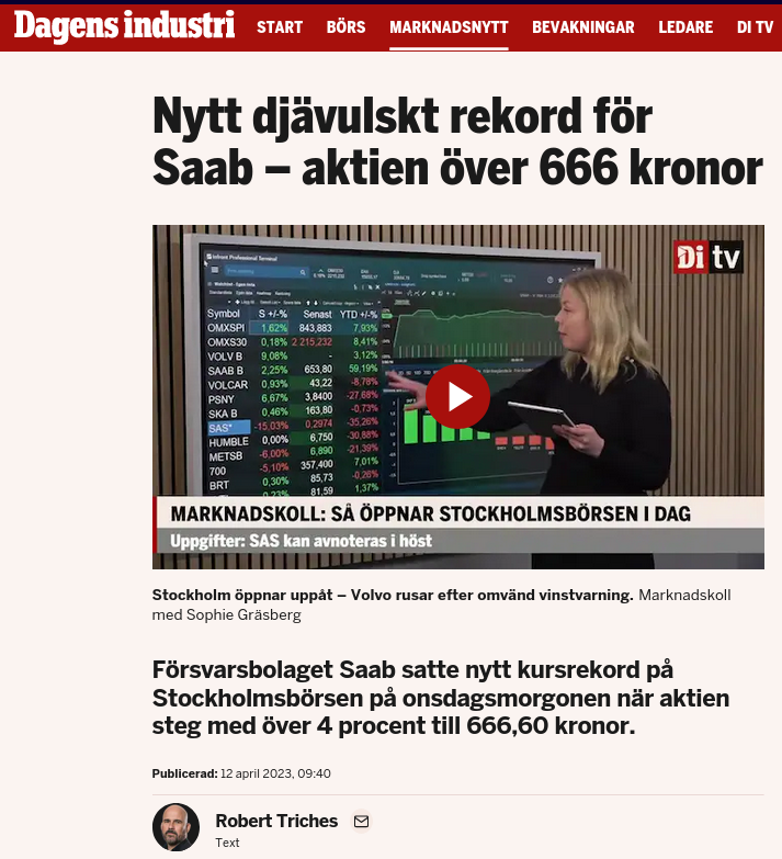 Djävulskt SAAB-Aktierekord I DI