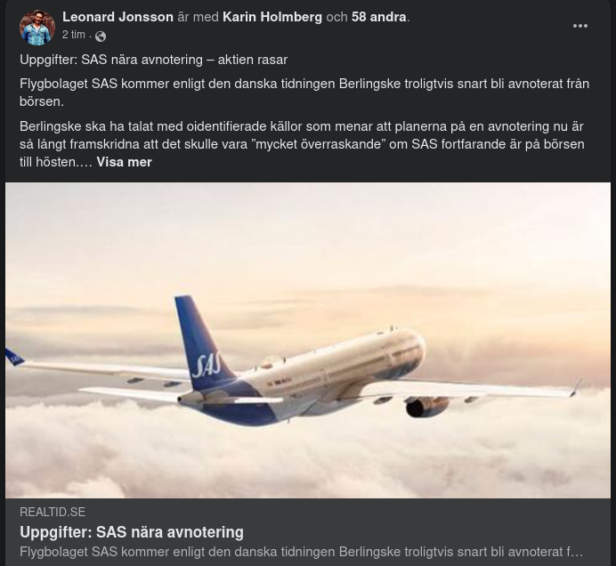 SAS Rasar Efter Avnoteringsuppgifter