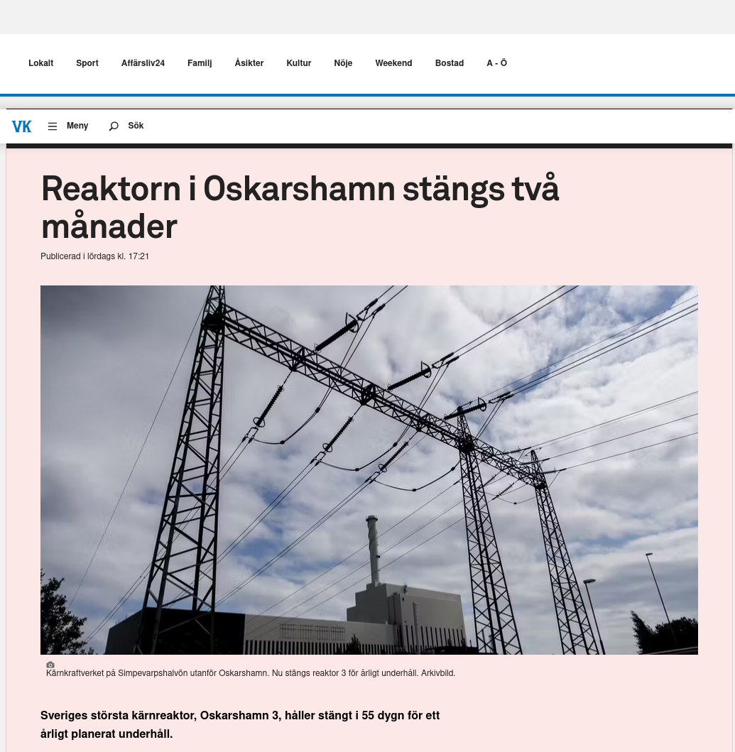 Oskarshamn Reaktor Stängd I Två Månader