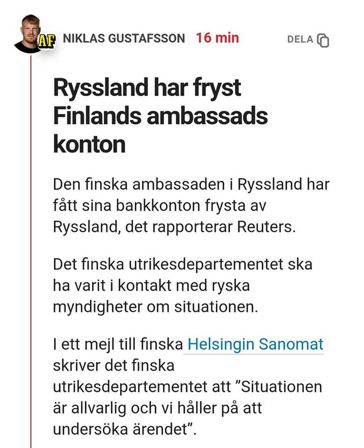 Frysta Konton För Finska Ambassaden I Ryssland