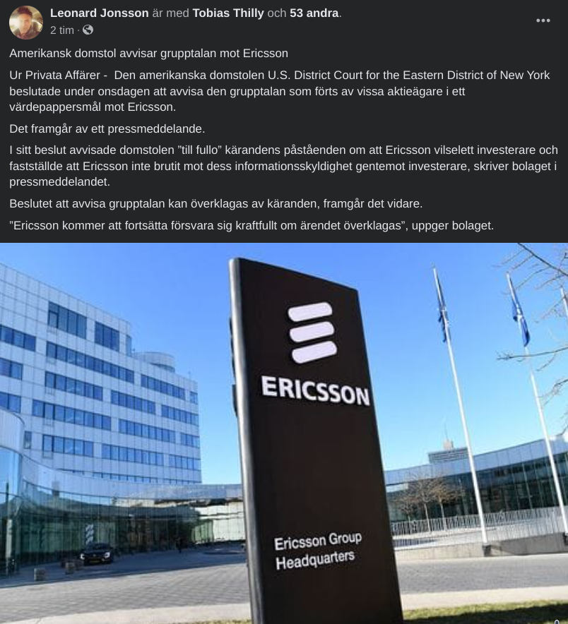 Amerikansk domstol avvisar grupptalan mot Ericsson