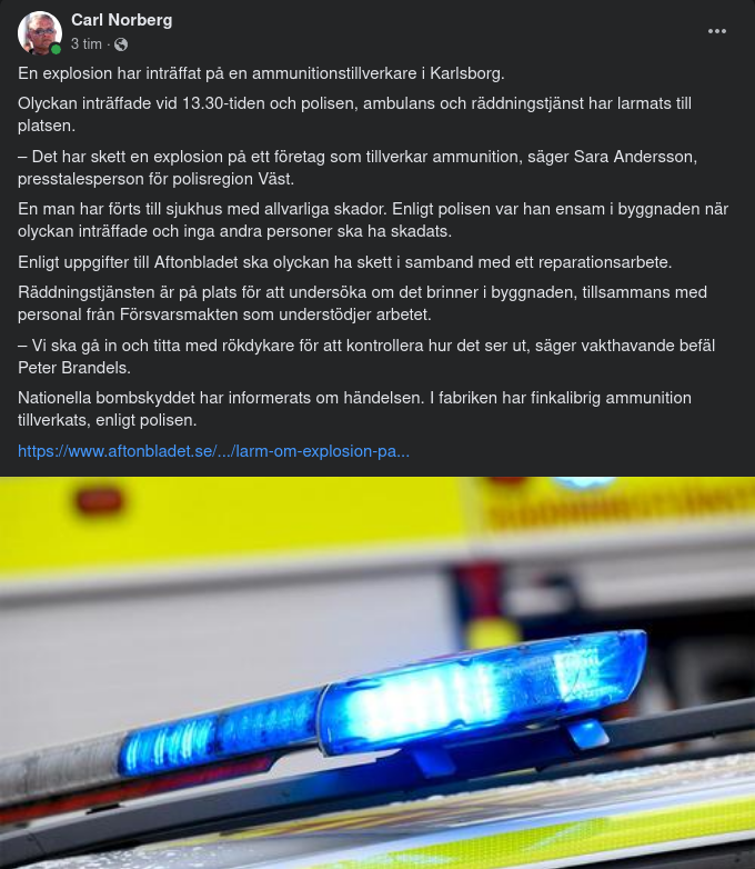 Explosion Hos Ammunitionstillverkare I Karlsborg