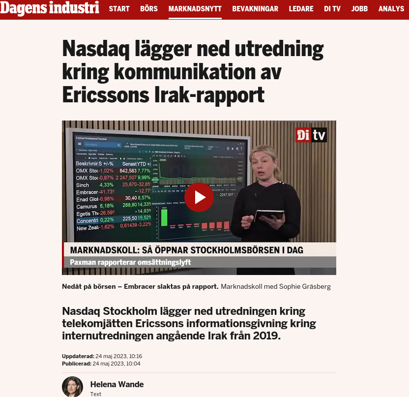 Nasdaq Lägger Ner Ericsson-Irak Utredning