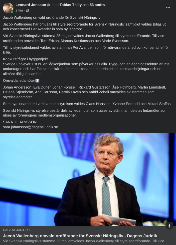 Jacob omvald ordförande för Svenskt Näringsliv