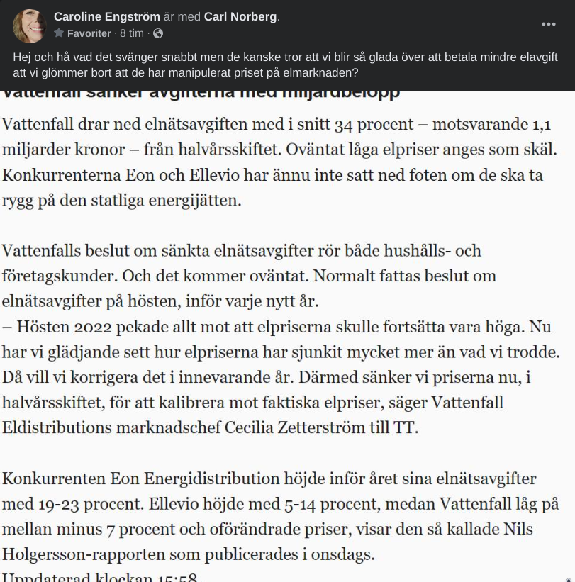 Vattenfall sänker elnätsavgiften