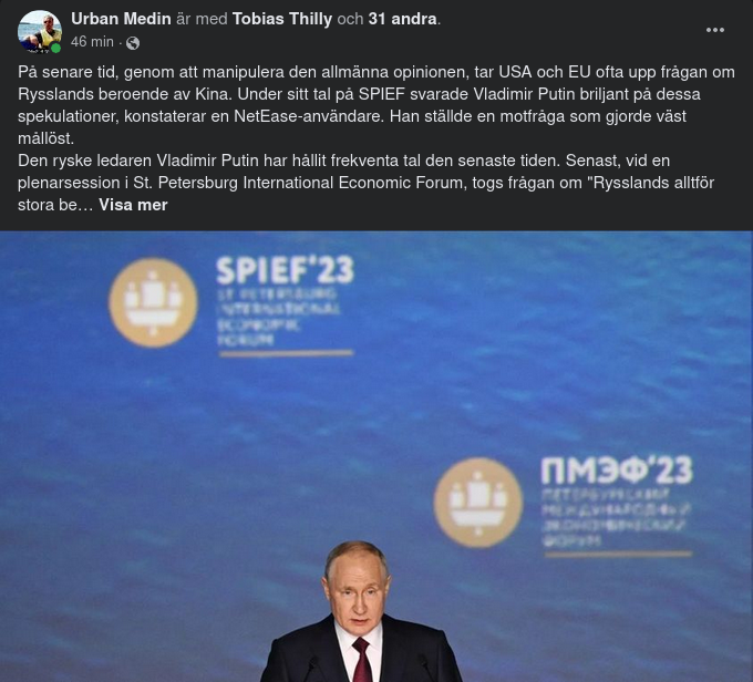 Putin Om Västspekulationer Angående Ryskt Beroende Av Kina På SPIEF