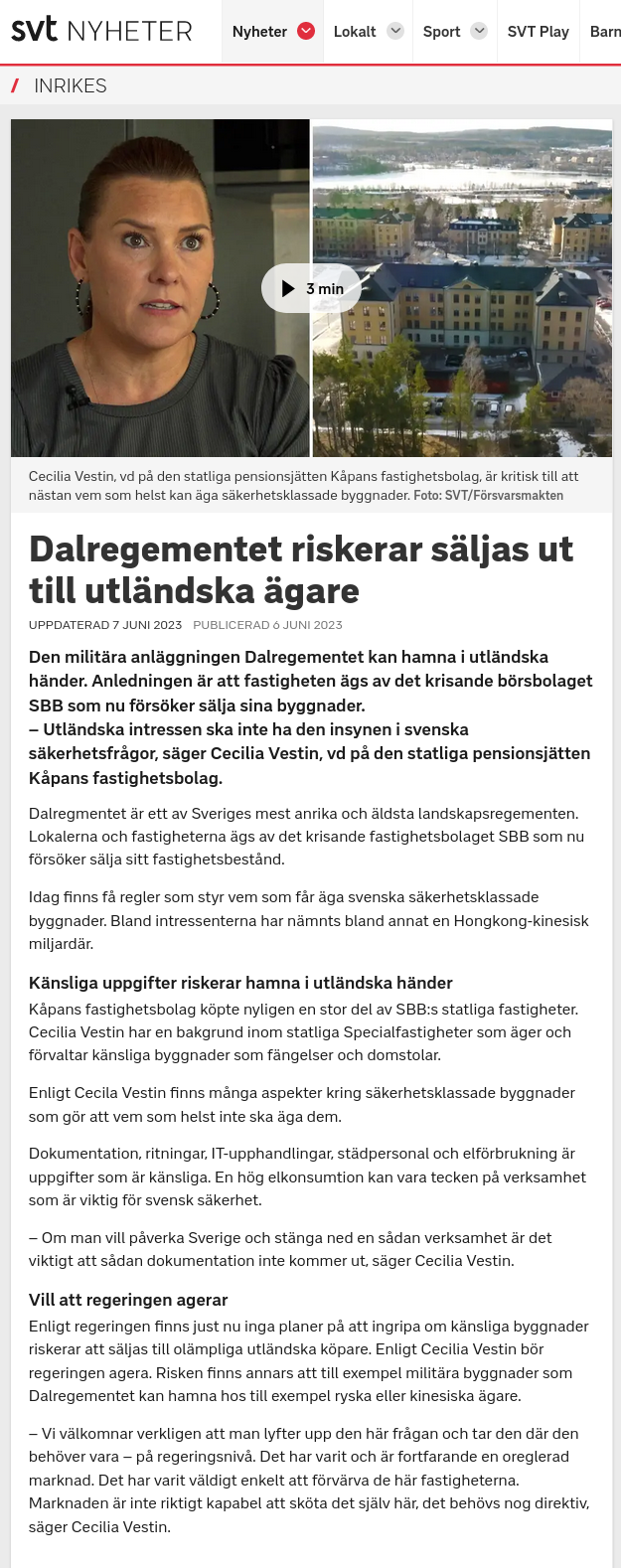 Dalaregementet Riskerar Utlandsförsäljning