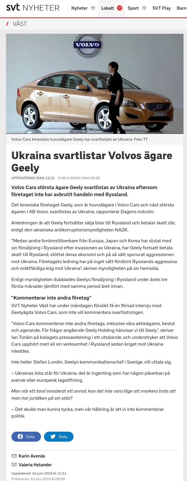 Ukraina Svartlistar Volvoägaren Geely
