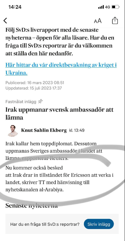 Irak Ber Svensk Diplomat Lämna Samt Återtar Ericssons Verksamhetstillstånd