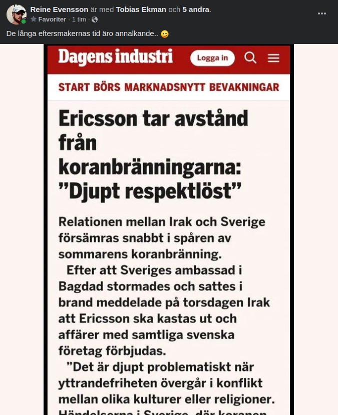 Koranbränningsavståndstagande Ericsson