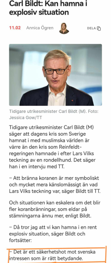 Bildt Om Koranbränningskonsekvenser
