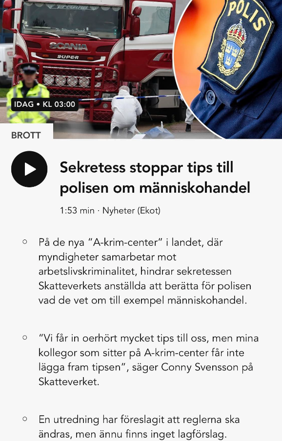 Människohandelstipsstoppande Sekretess