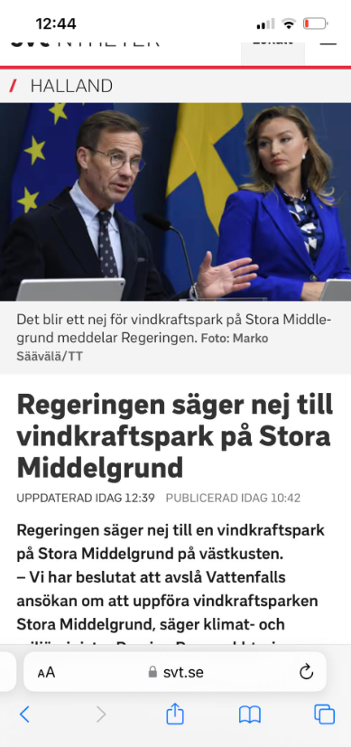 Vindkraftspark På Stora Middelgrund Får Regeringsnej