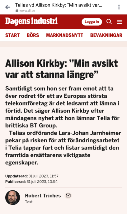 Allison Kirkby Lämnar Telia