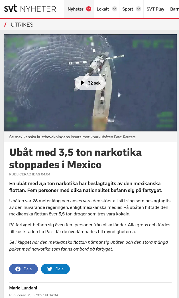 Knarkubåt Stoppad I Mexico Med 3.5 Ton