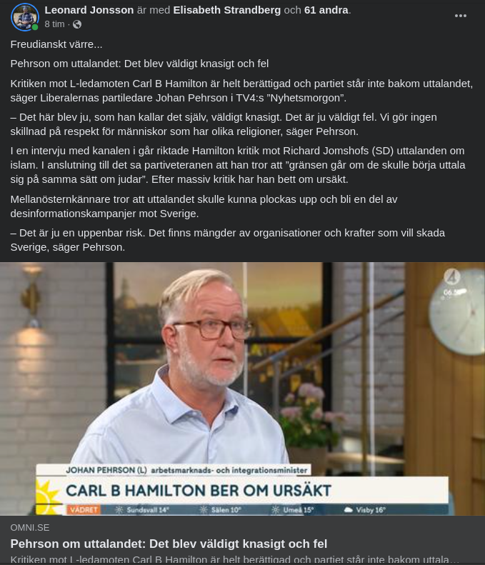 Gränsen Går Vid Judar Tror L-Riksdagsledamot Hamilton & Får Be Om Ursäkt