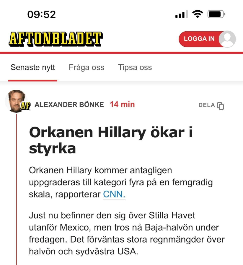Orkanen Hillary Ökar I Styrka