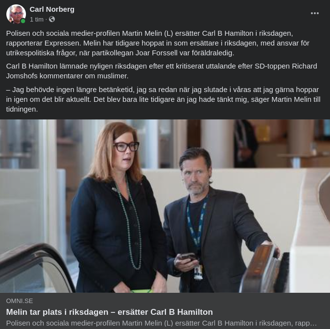 Martin Melin Ersätter Carl B. Hamilton