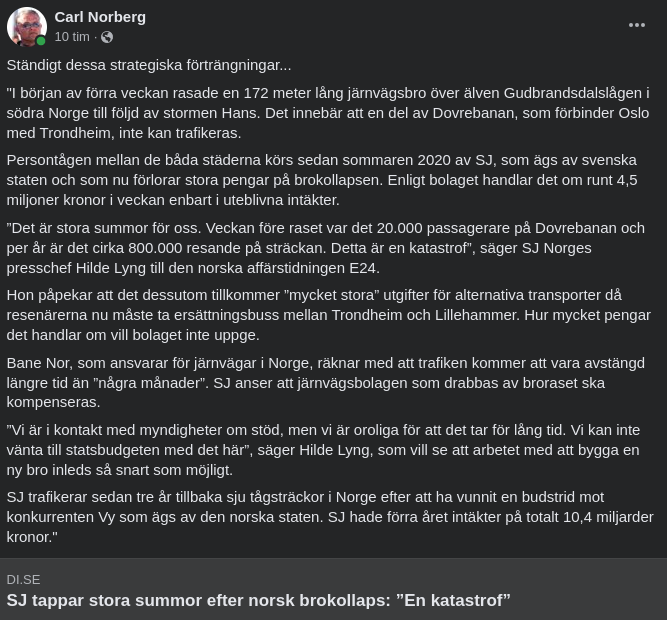 Raserad Norsk Järnvägsbro Kostar SJ Stora Summor