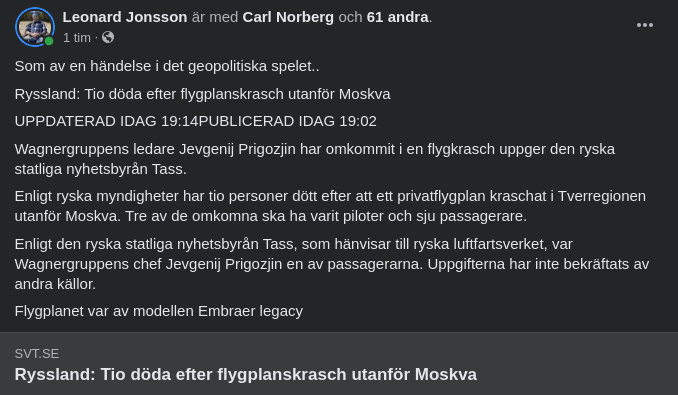 Prigozjin & 9 Till Döda I Flygkrasch Enligt TASS