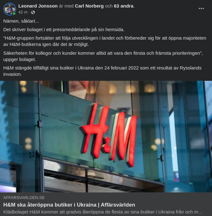 H&M Förbereder Ukrainaöppnande Igen