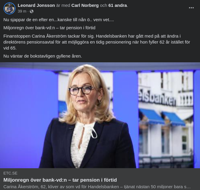 Miljonregn & Förtidspension För Bank-VD Carina Åkerström