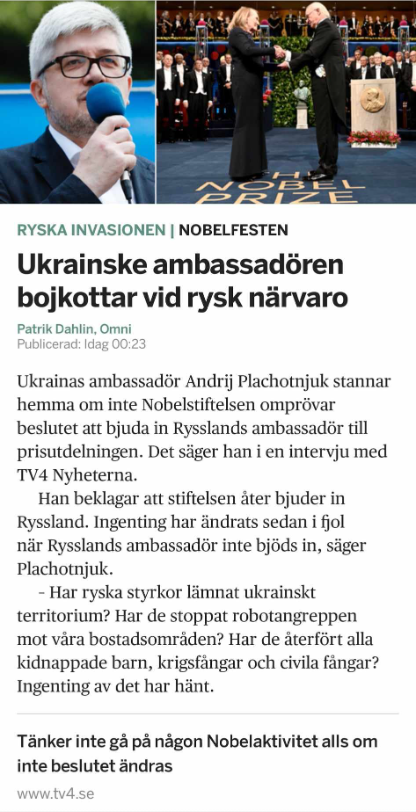 Nobelfestbojkottande Ukrainaambassadör