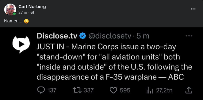 Tvådagars Lyftförbud Efter Försvunnen F-35:a
