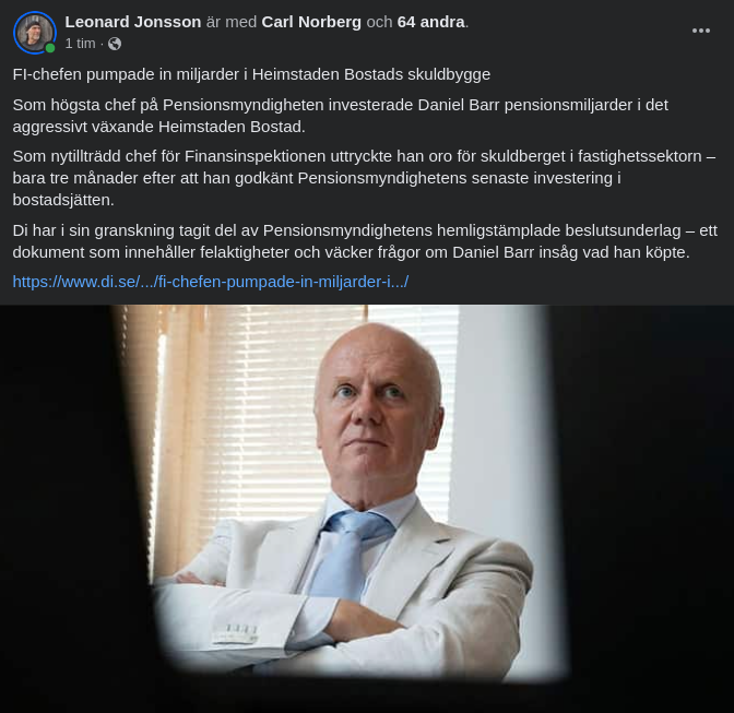 Pensionsmyndighetschefs Barrs Bostadsbolagsmiljardinvestering