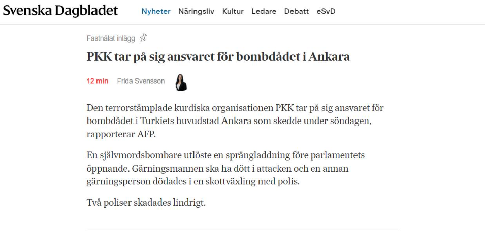 PKK Tar På Sig Terrorbombdådet I Ankara