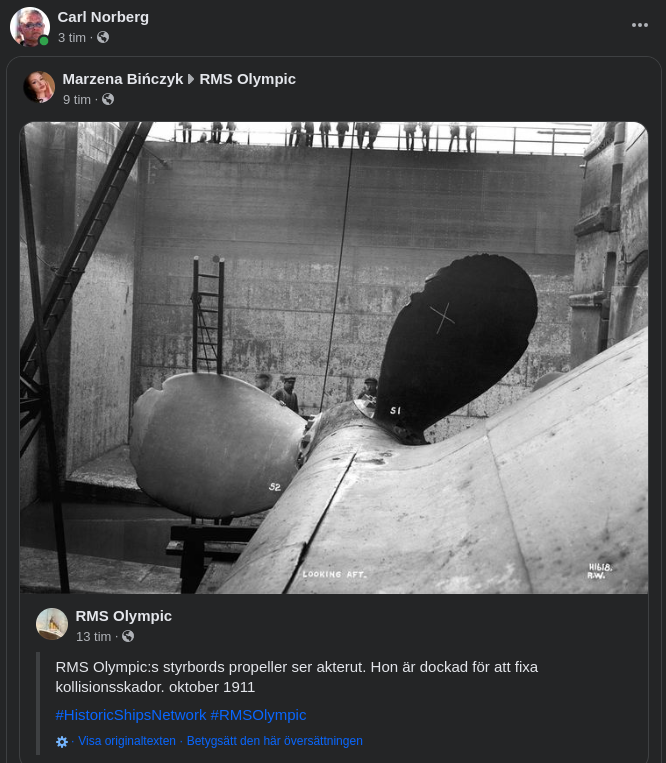 Olympics Skadade Styrbordspropeller