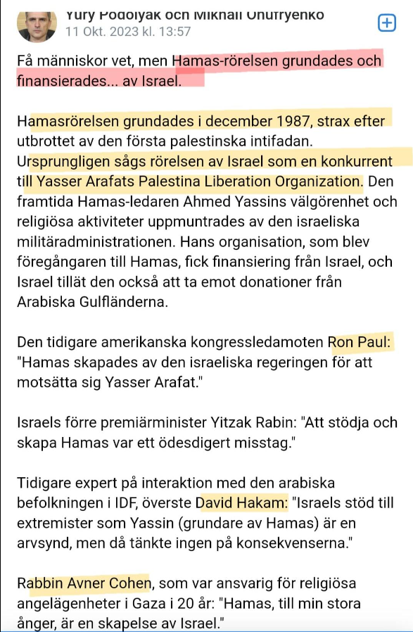 Israelisk Hjälp Med Hamas Tillkomst