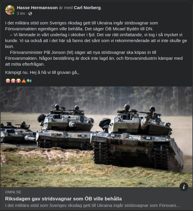 ÖB Ville Behålla Bortskänkta Stridsvagnar