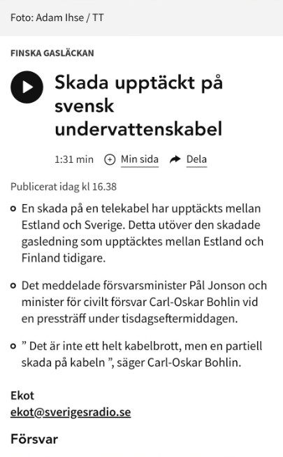 Skadad Svensk Undervattenskabel