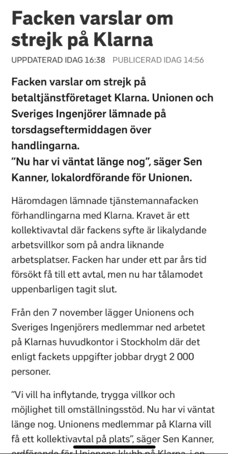 Strejkvarsel På Klarna