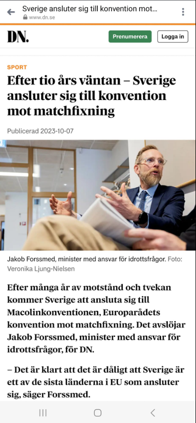 Matchfixningskonventionsanslutet Sverige