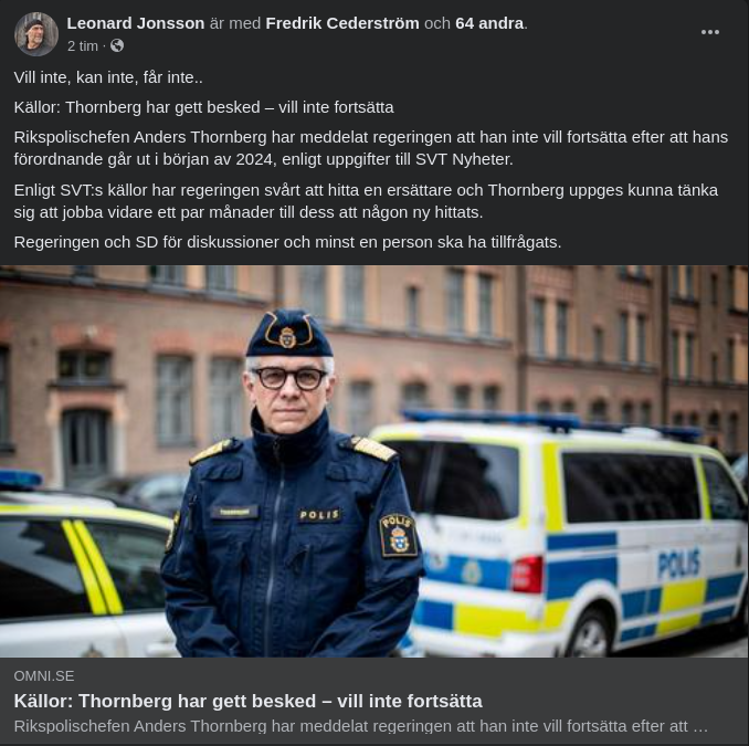 Thornberg Vill Inte Fortsätta Som Rikspolischef