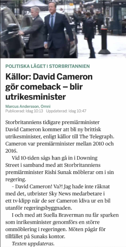 Cameron Tillbaka Som Utrikesminister?..