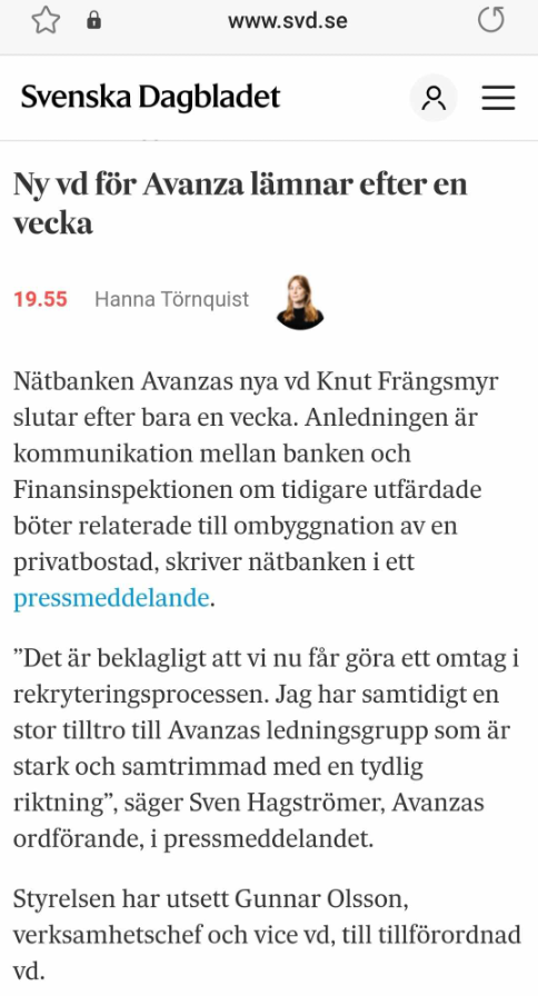 Avanza-VD Slutar Efter En Vecka