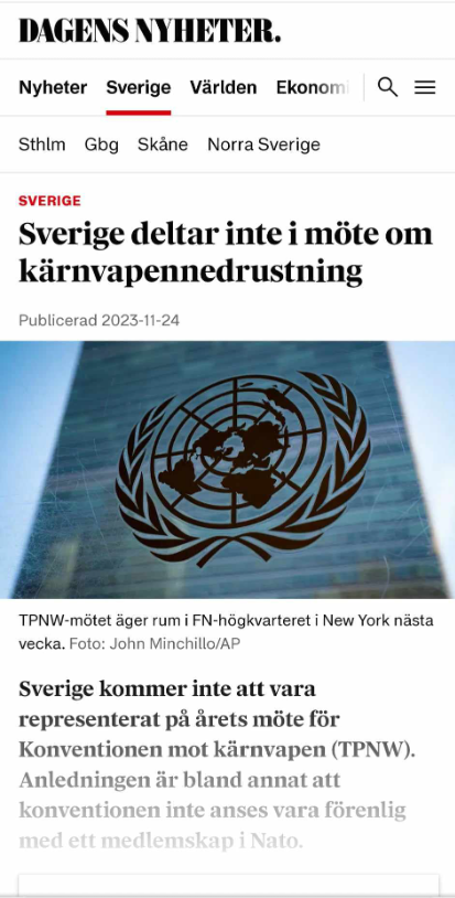 Inget Kärnvapennedrustingsmöte För Sverige